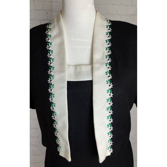 Vintage Dress & Bolero Set Black White Floral Trim Career Cocktail Size M - Picture 2 of 11